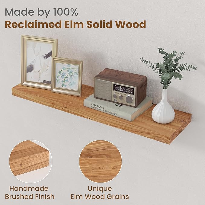 Floating Shelves for Wall Decor, 8" Deep Rustic Solid Elm Wood Floating Shelves Wall Mounted, Wall Shelves with Invisible Bra