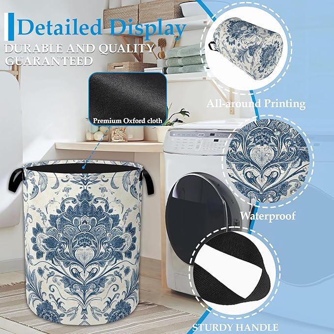 Vintage Blue Floral Laundry Basket Collapsible Laundry Hamper Clothes Toy Storage Bin for Bathroom Bedroom Room Decor 16" X 2