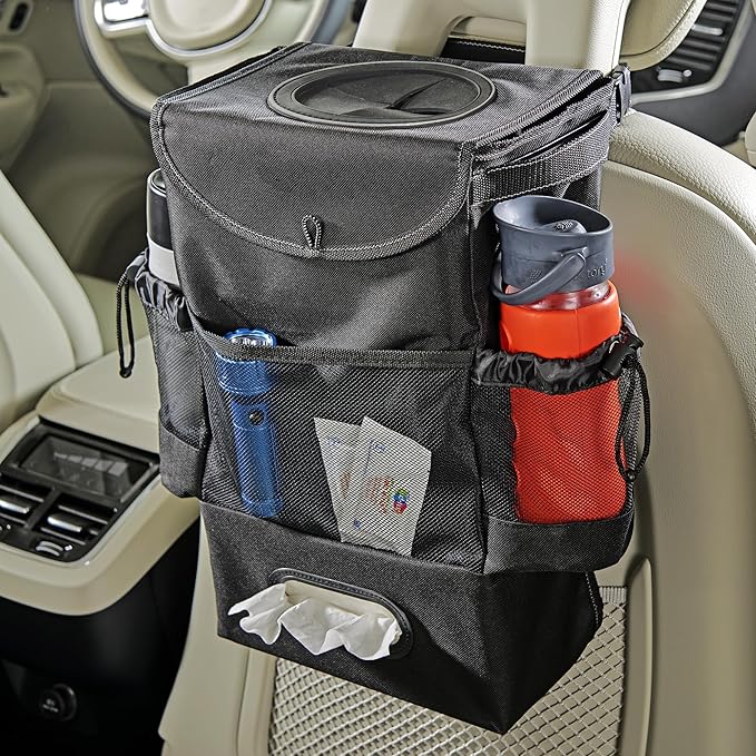High Road StashAway Large Car Trash Can for Back Seat - Car Garbage Bag With Tissue Holder and Bottle Pockets - Seatback Organizer With 3 Gal Trash Can With Lid for Vans, SUVs and Trucks