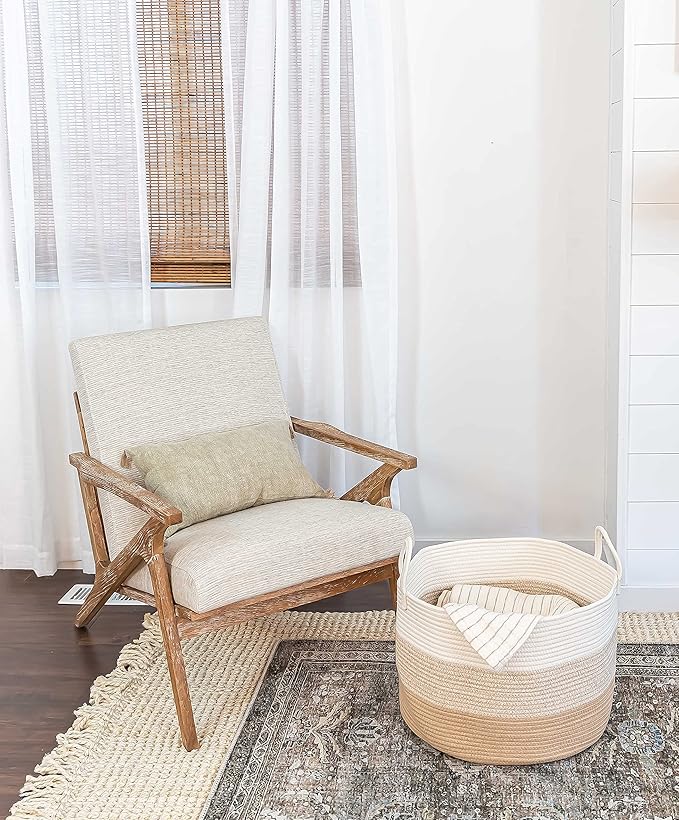 OrganiHaus Large Woven Storage Basket for Blankets and Toys 20" x 13" Inch, Rope Laundry Basket with Handles, Cushions & Pill