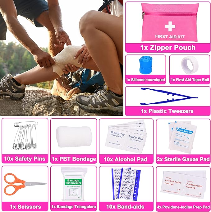Pink Car Emergency Kit, Premium Roadside Emergency Car Accessories Kit with Jumper Cables, Flashlight, Shovel, Screwdriver Se