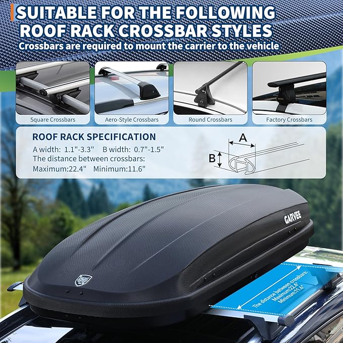 Garvee Rooftop Cargo Box Carrier Dual-Side Opening,12 Cubic Hard Shell Rooftop Cargo Carrier,165Lbs Weight Capacity with Secure Straps&Keys