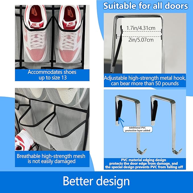 over the door shoe organizer,2025 upgraded,shoe organizer,35 Huge pockets,over door shoe organizer,Store size 13 shoes,shoe o
