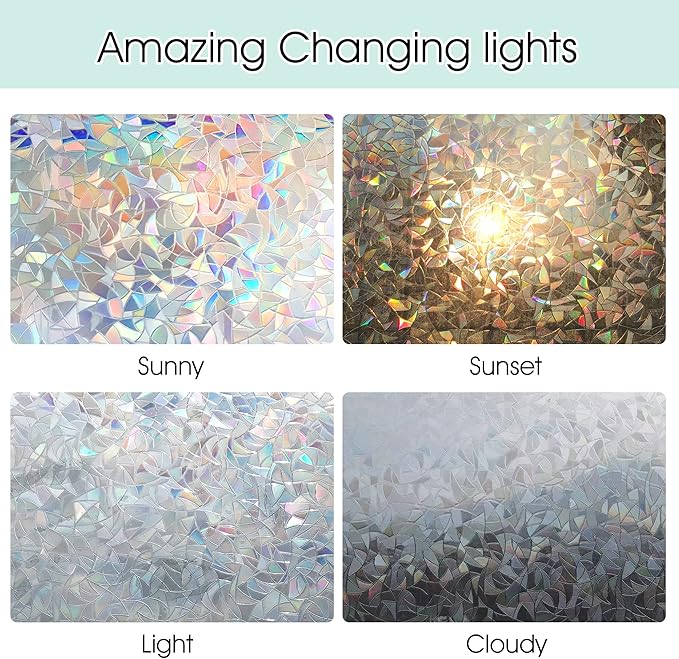 STATINT Privacy Window Film,Decorative Stained Glass Film,Rainbow Static Cling Heat Control Non-Adhesive Window Stickers for Home Door Decals,17.3 Inch X 13.1 Feet
