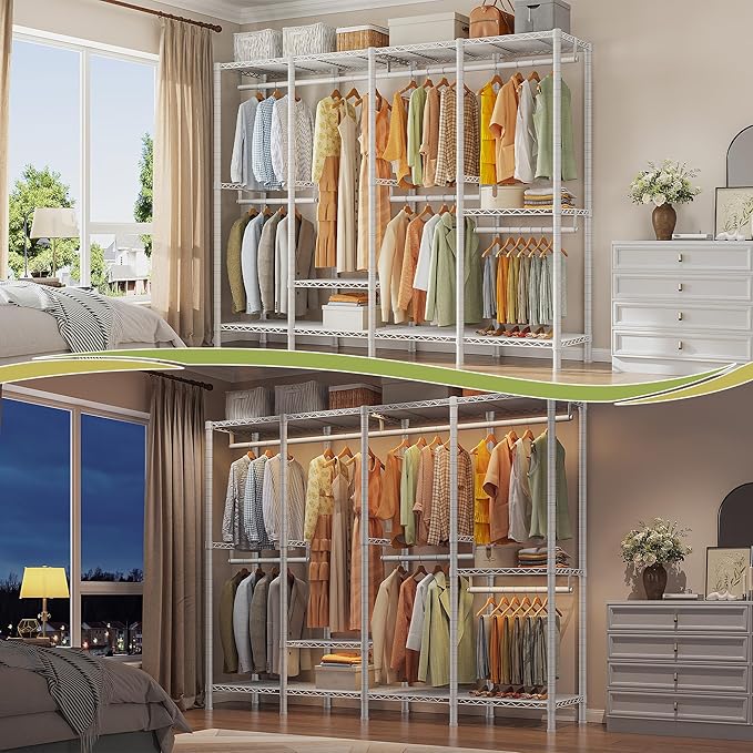 Raybee Clothing Racks for Hanging Clothes,Heavy Duty Clothes Rack with Shelves,Portable Closet Adjustable,76" W x 77" H x 18"