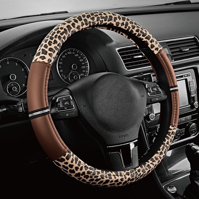 Road Comforts Leopard Steering Wheel Cover for Women, Cute Anti-Slip Microfiber Leather, Universal Fit 14.5-15 Inch Round Ste