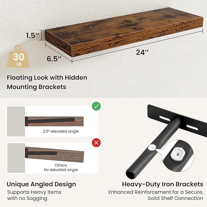 Fun Memories Floating Shelves for Wall, Rustic Wood Wall Mounted Shelves for Bathroom, Bedroom, Living Room and Kitchen, Stor