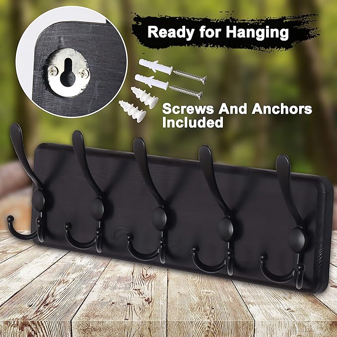 Dseap Coat Rack Wall Mounted - 5 Tri Hooks, Heavy Duty, Wooden Wall Coat Hanger Coat Hook for Clothes Hat Jacket Clothing, Bl