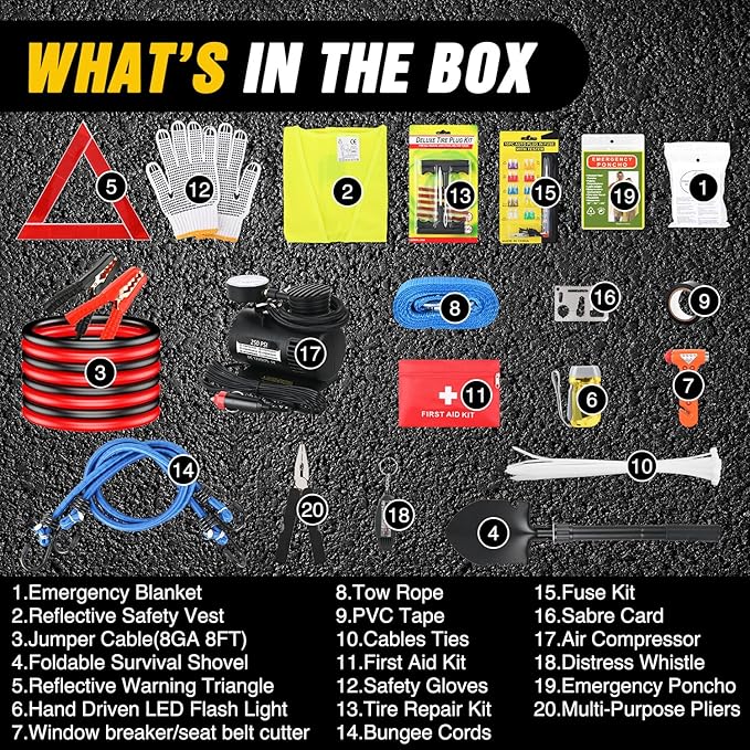 Nilight Car Emergency Kit with Jumper Cable Air Compressor Tire Repair Essential Tools First Aid Alligator Connector Electric