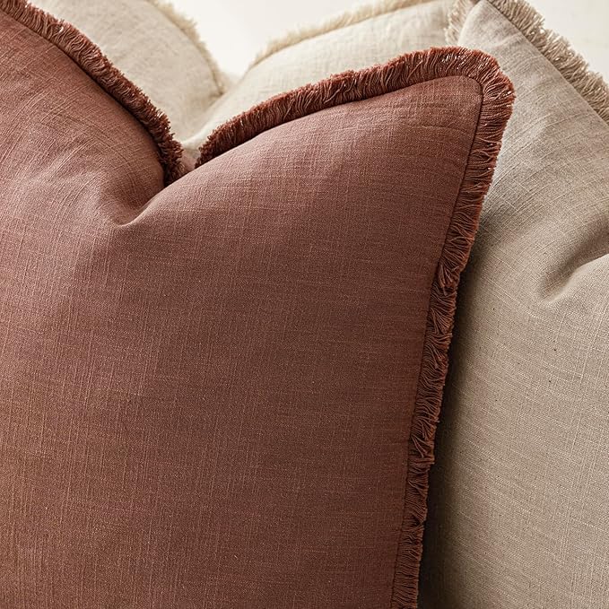Foindtower Set of 2 Decorative Linen Fringe Throw Pillow Covers Boho Farmhouse Cushion Cover with Tassels Soft Accent Pillowc