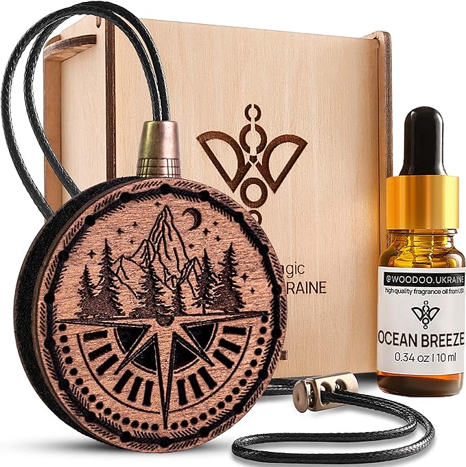 Wood Car Air Freshener — Handmade Car Air Freshener — Compass Mountains Designed Fragrance Oil Diffuser in Wooden Gift Box — 