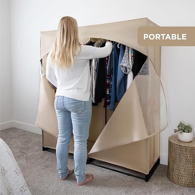 HOLDN’ STORAGE Portable Wardrobe Closet - 65 lb Large Capacity, Internal Heavy Duty Metal Rod, Zipper & Clear Window, Durable