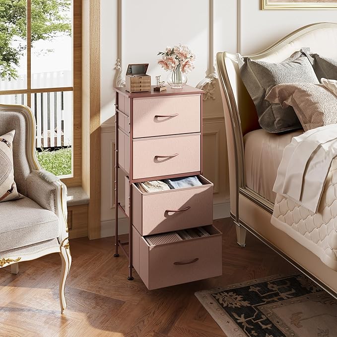 WLIVE 4 Drawers Dresser for Bedroom, Pink Rose Gold Fabric Clothes Storage Organizer Unit, Dresser for Hallway, Entryway, Clo