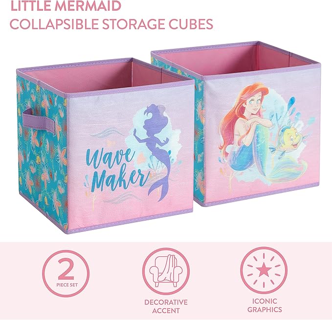 Disney Little Mermaid Storage Cubes,Set of 2 Spacious Collapsible Bins with Handles, Kids Toy Organizer for Bedroom & Playroo