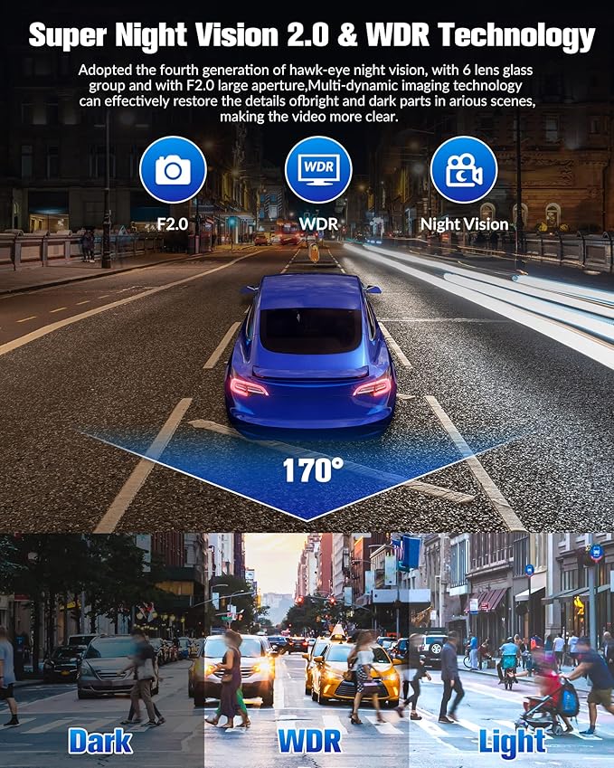 Dash Camera for Cars,4K Full UHD Car Camera Front Rear with 32GB Card,Built-in Super Night Vision,2.0'' IPS Screen,170°Wide A