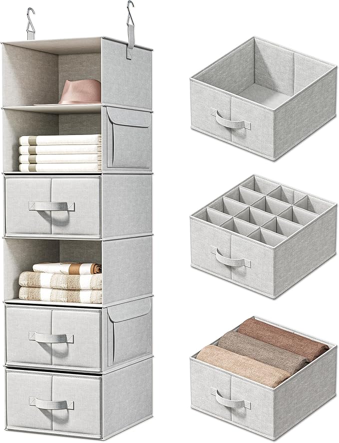 Vailando 6-Shelf Hanging Closet Organizer with 3 Drawers, Closet Hanging Shelves with Removable Fabric Drawers for Wardrobe, 