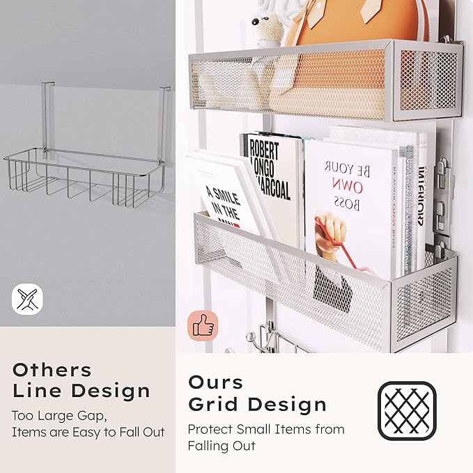 Consumest Over The Door Hooks Organizer - Extra Long Door Hanger with 9 Coat Hooks & 2 Mesh Basket, Back Storage Organizer Ha