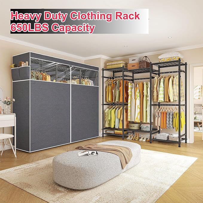 Raybee Clothes Rack with Cover,Portable Closet Heavy Duty,Metal Clothing Racks for Hanging Clothes Adjustable for Bedroom 66.