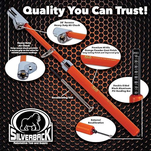 Silverback Hi-Visibility Orange Dual Foot Commercial Truck Tire Pressure Gauge, Recalibratable. Heavy Duty Stick Gauge with Black Metal Bar, Range 10-150 PSI in 2 PSI Increments.