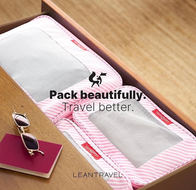 LeanTravel Premium Compression Packing Cubes for Travel - Suitcase Organizer Bags with Double Zipper & Breathable Mesh Panel 