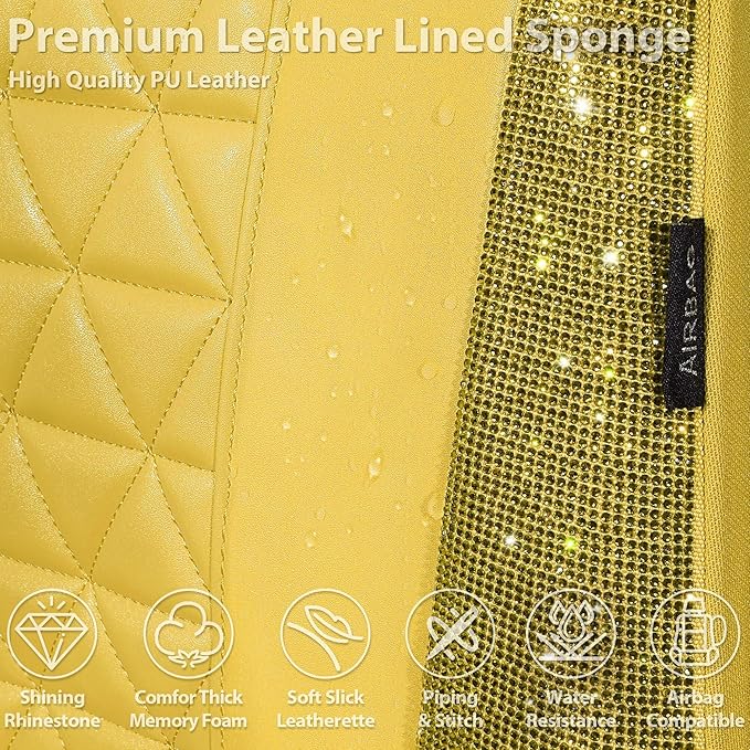 CAR PASS Yellow Bling Diamond Leather Car Seat Cover Full Sets,Waterproof Shining Glitter Sparkly Crystal Universal Fit for A