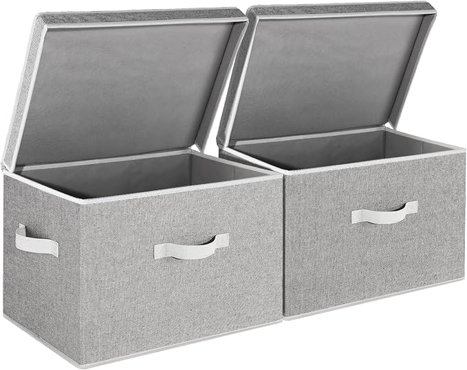StorageWorks Fabric Storage Bins with Lid, Decorative Storage Boxes for Shelves, Stackable Closet Organizer Basket with Handl