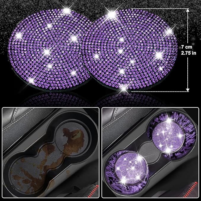 CAR PASS 11PCS Bling Purple Car Steering Wheel Cover Set for Women, Sparkly Rhinestone Diamond Bling Seat Belt Cushion, Glitt