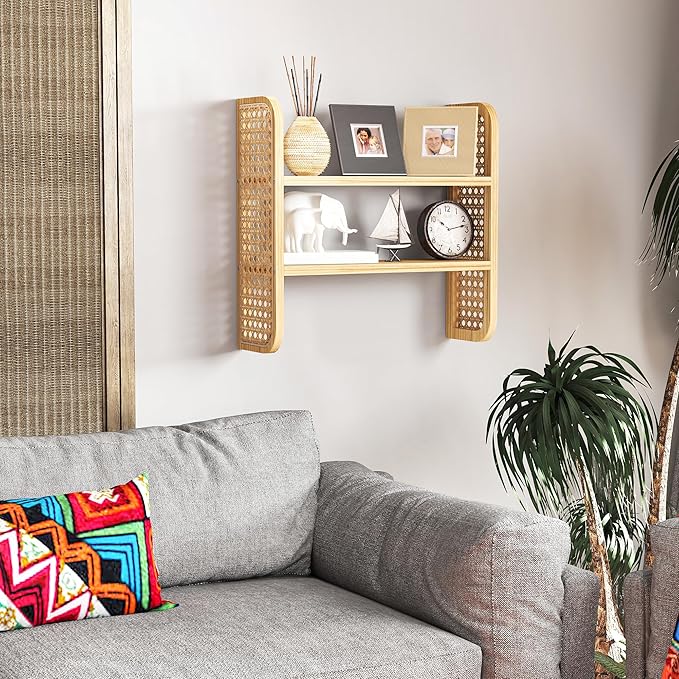 Natural 2-Tier Rattan Shelf - Wall Mounted Woven Boho Shelves, Handmade Rattan Display Shelf for Entryway, Nursery, Kitchen, 