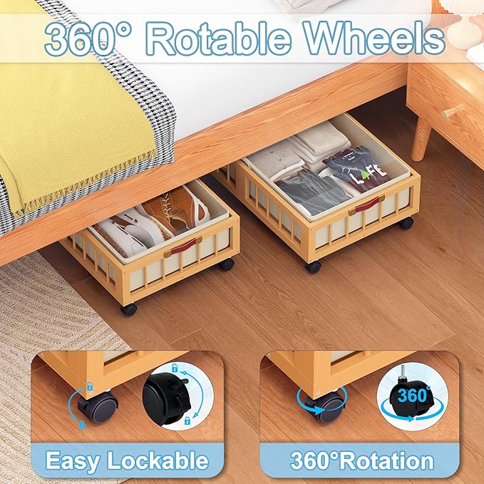efluky 2-Pack Bamboo Under Bed Storage Containers with Wheels, Under Bed Clothes Storage Basket with Large Dust Bag, Rolling 