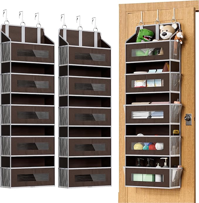 5 Tier Over The Door Organizer - Large Capacity Behind Door Hanging Shelves with 10 Mesh Pockets and Clear Windows, Closet Or