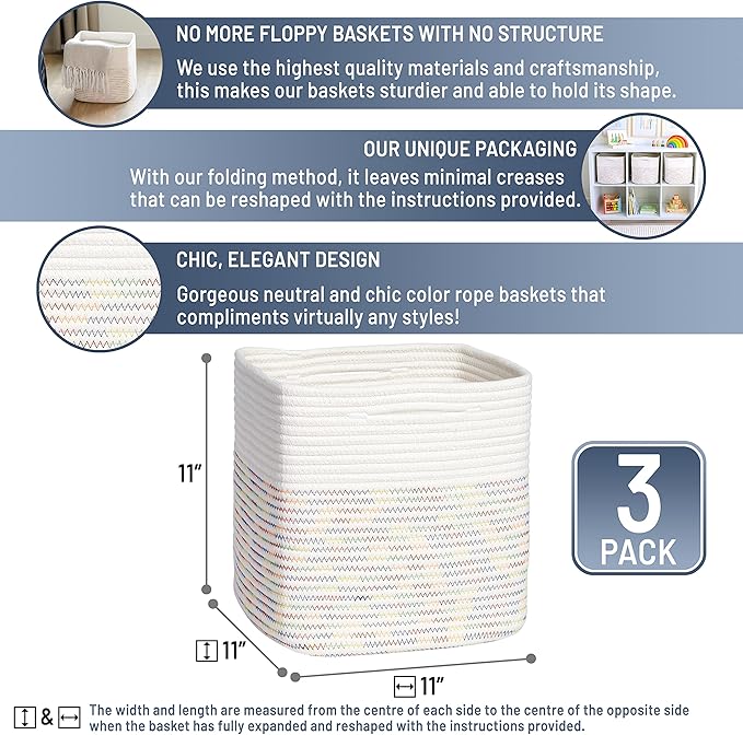 NaturalCozy Storage Cubes 11 Inch Cotton Rope Woven Baskets for Organizing, 3-Pack | Cube Storage Bin | Square Storage Basket