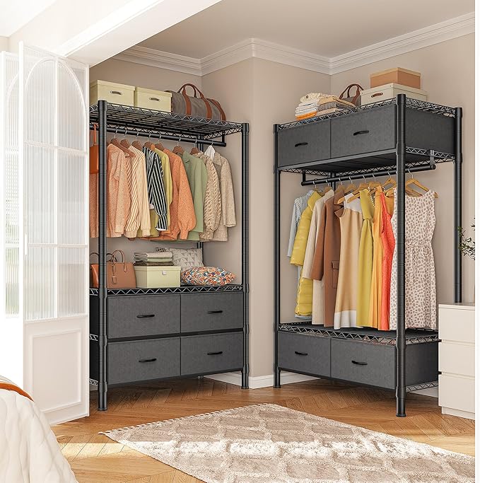 Raybee Clothes Rack, Heavy Duty Clothing Racks for Hanging Clothes, Portable Closet with 4 Drawers, Freestanding Garment Rack