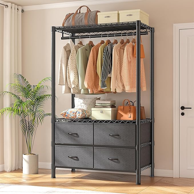 Raybee Clothes Rack, Heavy Duty Clothing Racks for Hanging Clothes, Portable Closet with 4 Drawers, Freestanding Garment Rack