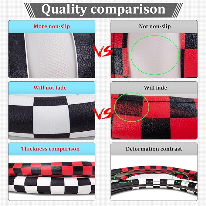 Evankin Lattice Leather Steering Wheel Cover, Black and White Checker Car Accessories, Non-Slip and Comfortable Unisex Univer