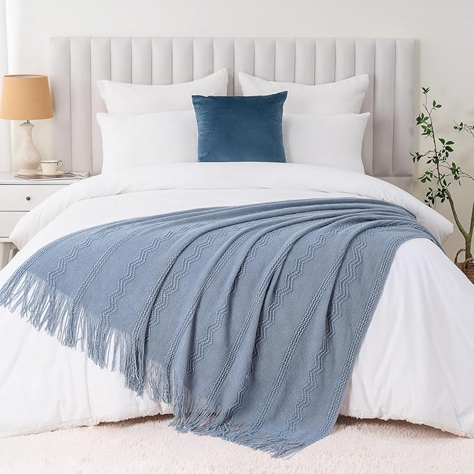BATTILO HOME Bluish Grey Throw Blanket for Couch, Soft Knit Throws with Tassels for Home Decor, Blue Blankets and Throws for 