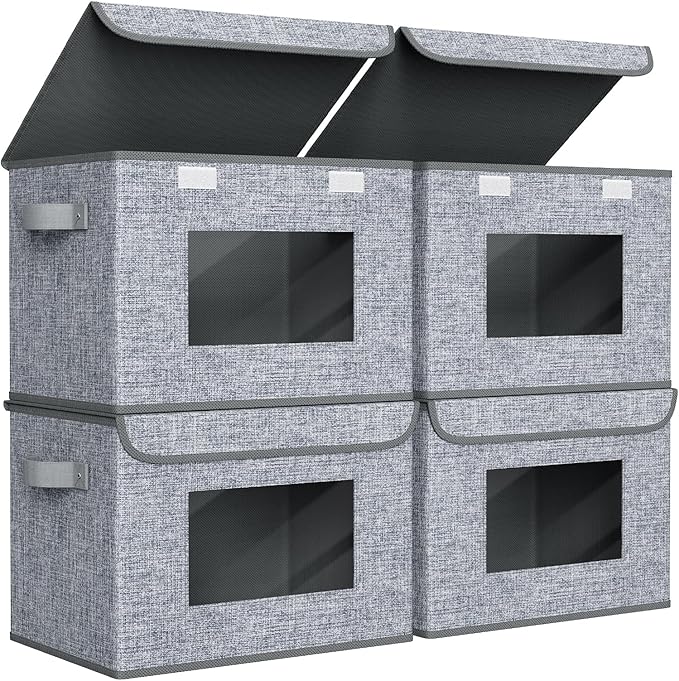 Univivi Fabric Foldable Storage Boxes [4-Pack] Large Collapsible Stackable Storage Bins with Lids, Closet Organizers and Stor