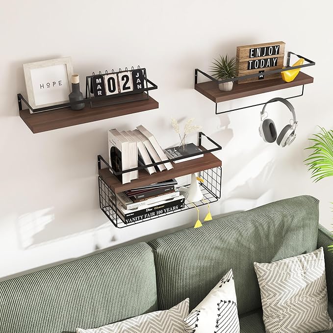 Wood Floating Shelves Wall Mounted - 3+1 Tier Rustic Bathroom Shelves Over Toilet with Wire Storage Basket &Towel Bar, Set of