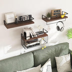 Wood Floating Shelves Wall Mounted - 3+1 Tier Rustic Bathroom Shelves Over Toilet with Wire Storage Basket &Towel Bar, Set of