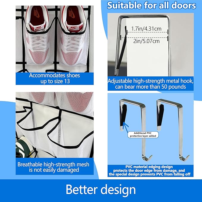 over the door shoe organizer,2025 upgraded,shoe organizer,35 Huge pockets,over door shoe organizer,Store size 13 shoes,shoe o