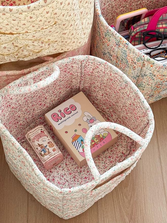 Storage Basket Boho Fabric Large Collapsible Floral Laundry Nursery Hamper Portable Folding Storage for Clothes Toys (Green F