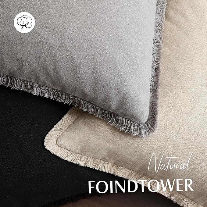Foindtower Set of 2 Decorative Linen Fringe Throw Pillow Covers Cozy Farmhouse Cushion Cover with Tassels Accent Pillowcase f