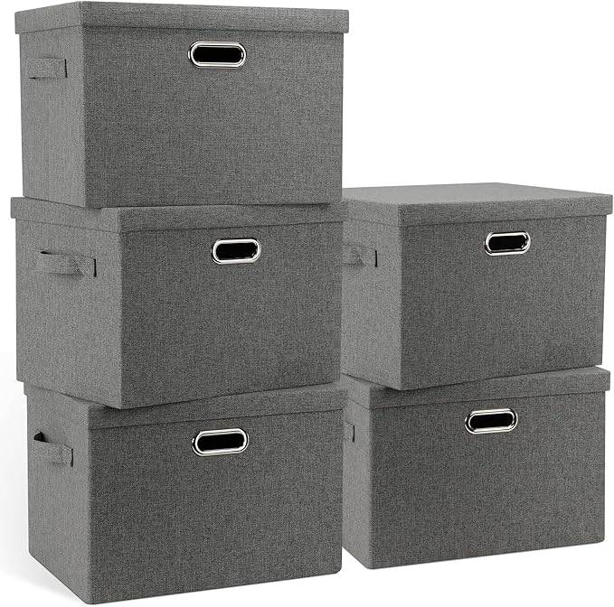 Graciadeco Large 17" 36 Quart Collapsible Stackable Storage Bins with Lids, 5 Packs Gray Foldable Fabric Closet Storage Boxes