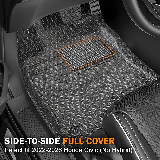 KUST Floor Mats for 2022-2026 Honda Civic Sedan Hatchback Si Accessories (Without USB Port, Not for Hybrid), All Weather Car Mats 2 Rows Floor Liners, TPE Rubber, Raised Edge, Extra Heel Pad Plate