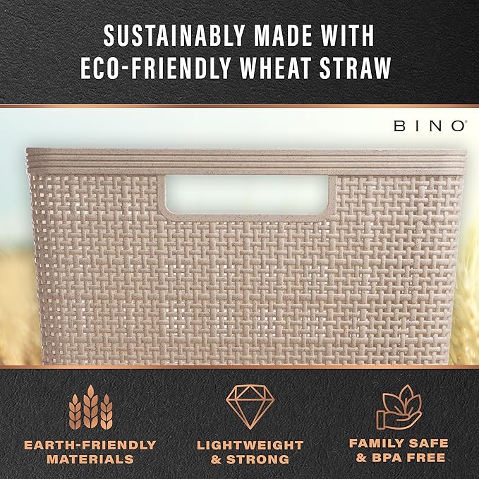 BINO Woven Plastic Basket | Large (Natural), 3-Pack | THE JUTE COLLECTION | Home Organization, Space-Saving Storage, Stylish 