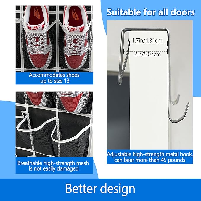 over the door shoe organizer,2025 upgraded,shoe organizer,35 Huge pockets,over door shoe organizer,Store size 13 shoes,shoe o