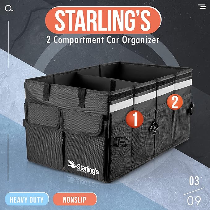 Starling's Car Trunk Organizer Super Strong, Foldable Storage Cargo Box for SUV, Auto, Truck Nonslip Waterproof Bottom, Fits