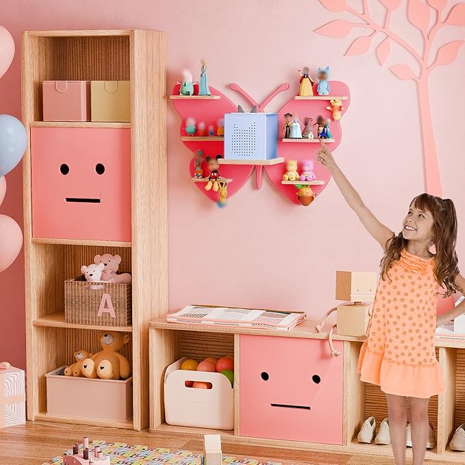 Butterfly Tonie Shelf for Toniebox - Pink Magnetic Tonies Wooden Floating Shelves, Cute Wall Shelf Storage for 20-32 Tonies F