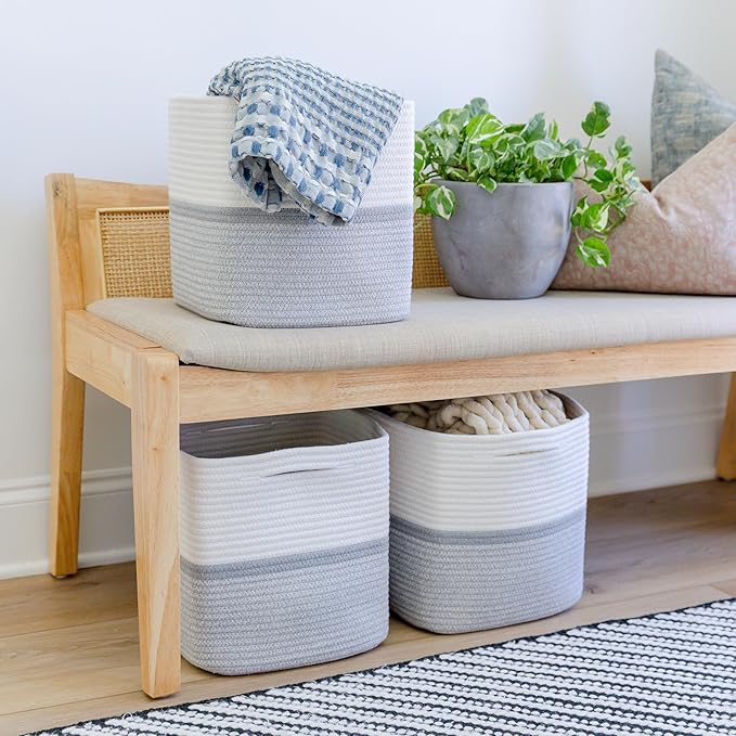 NaturalCozy Storage Cubes 11 Inch Cotton Rope Woven Baskets for Organizing, 3-Pack | Cube Storage Bin | Square Storage Basket