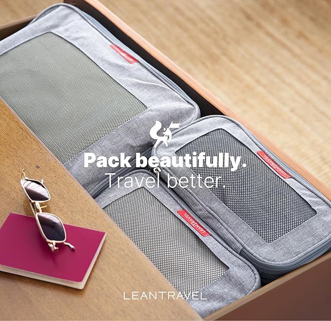 LeanTravel Premium Compression Packing Cubes for Travel - Suitcase Organizer Bags with Double Zipper & Breathable Mesh Panel 