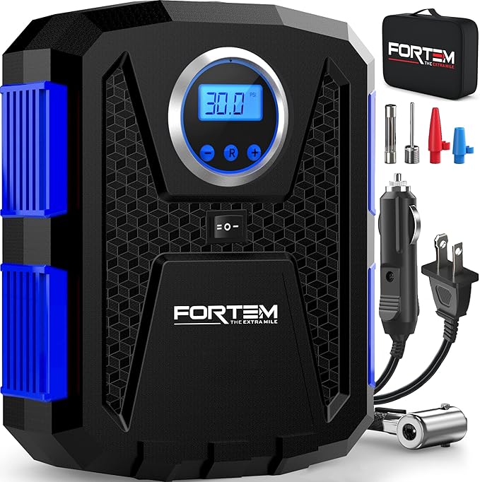 FORTEM Tire Inflator Portable Air Compressor, Air Pump for Car Tires and Bikes, Car Tire Pump w/Auto Shut Off, 150 PSI, 110V AC 12V DC, LED Light, Carrying Case, for Men, Women
